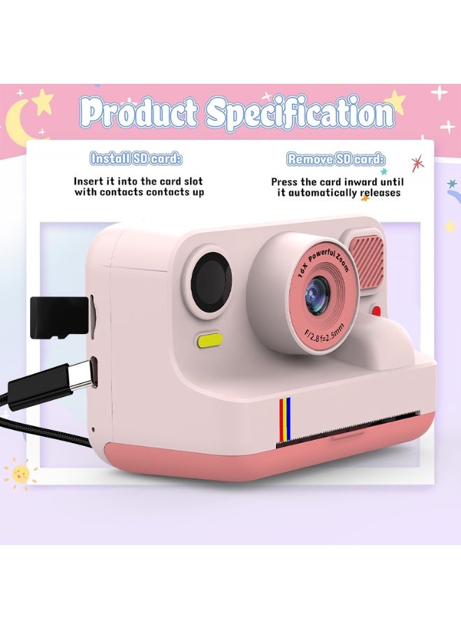 Toy Camera,HD-Retro Instant Print Camera for Kids – Black & White Photo Prints, Built-in Mini Games, Great for Everyday Fun, Travel & Holiday Gifts, Includes 3 Paper Rolls, USB Cable & Lanyard, Pink - Image 1